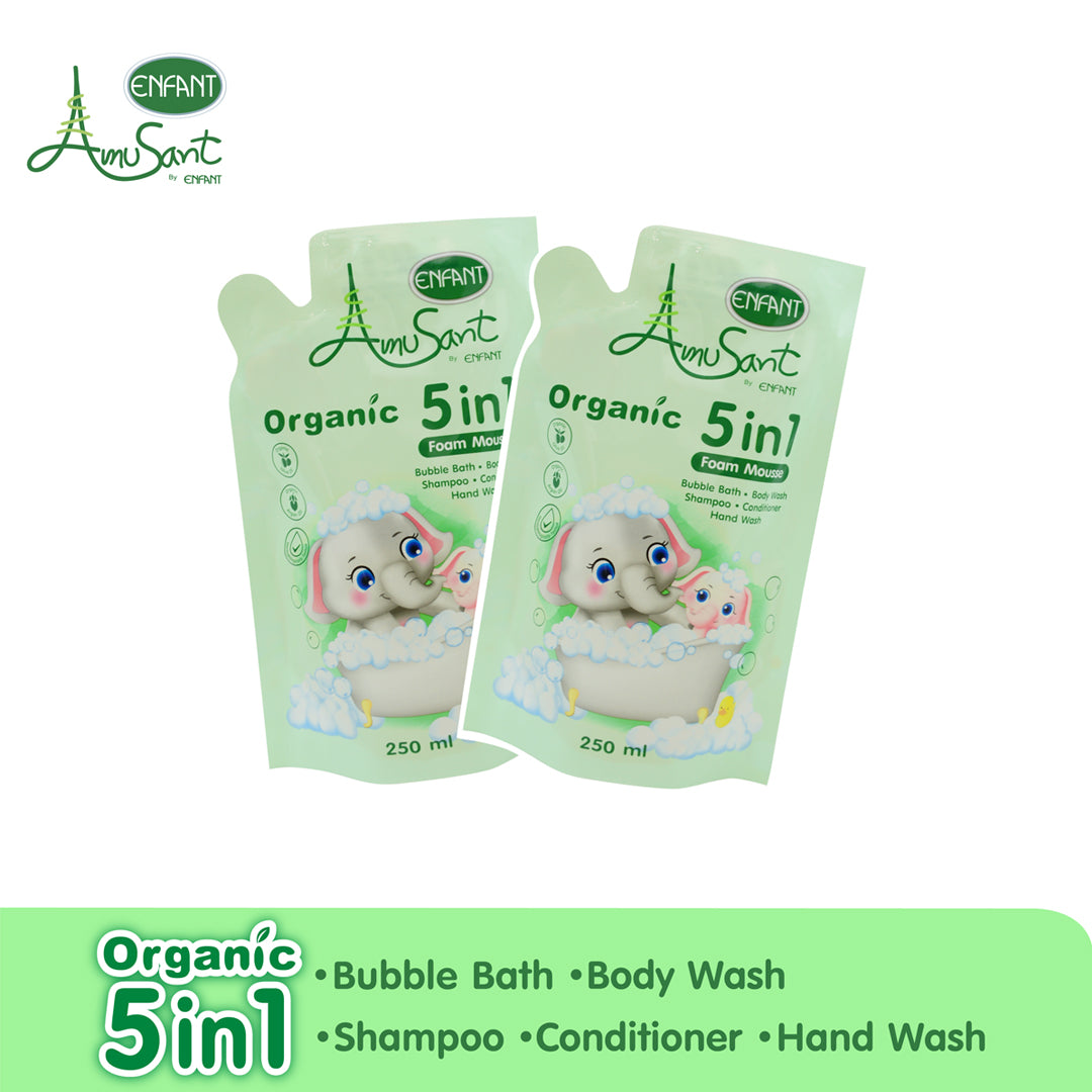 เช็ตอาบน้ำ 5in1 เนื้อโฟม สูตรออร์แกนิค ขวดหัวปั้ม 250 ml.&ขนาดรีฟิล 2ถุง ถุงล่ะ 250 ml. Organic ชุ่มชื้น