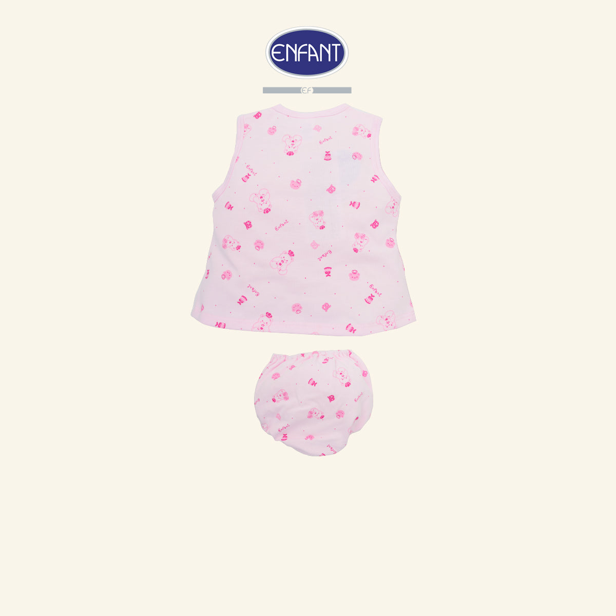 ENFANT ชุดเด็กเล็กเสื้อผูกป้ายแขนสั้น-กางเกงใน สีชมพู ลายน้องหมี รุ่นED1DH2
