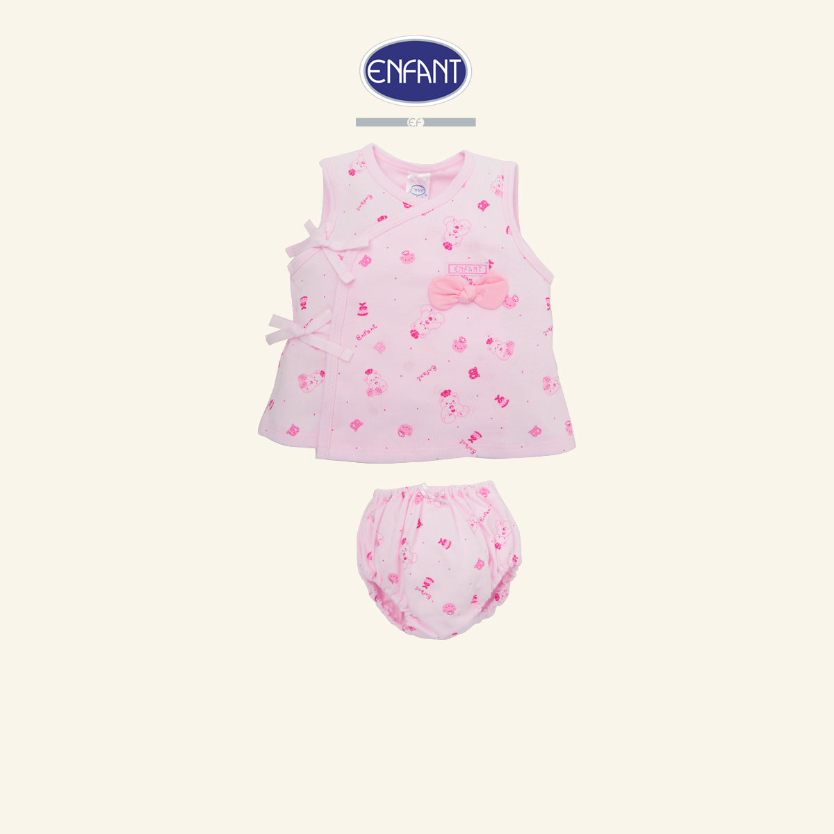 ENFANT ชุดเด็กเล็กเสื้อผูกป้ายแขนสั้น-กางเกงใน สีชมพู ลายน้องหมี รุ่นED1DH2