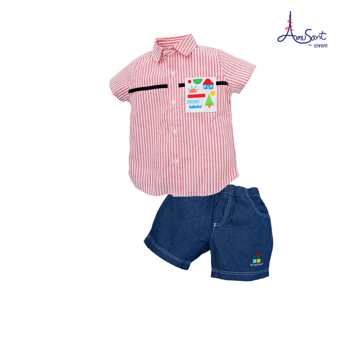Amusantเสื้อผ้าทอออกฟอดซ์-กางเกง ลายบล็อคไม้ตัวต่อสีแดงสำหรับเด็กโต6เดือน-8ขวบ EH1K63