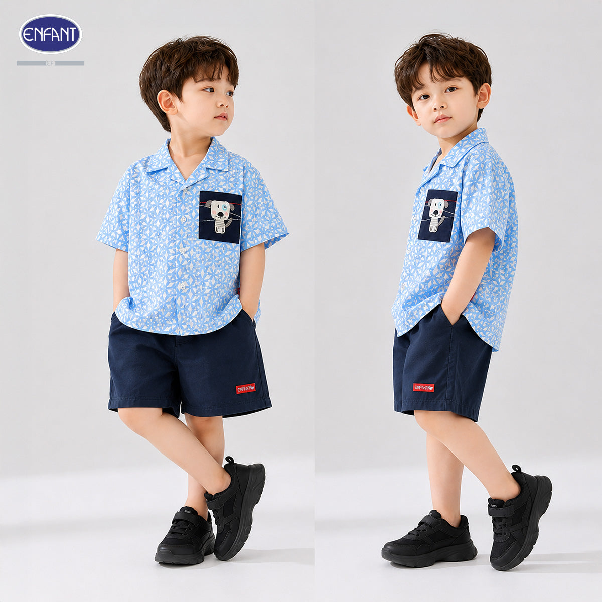 Enfant ชุดเซ็ตเสื้อเชิ้ตแขนสั้น+กางเกงขาสั้น ลายกราฟิกสีฟ้า 6เดือน-8ปี EE1X10