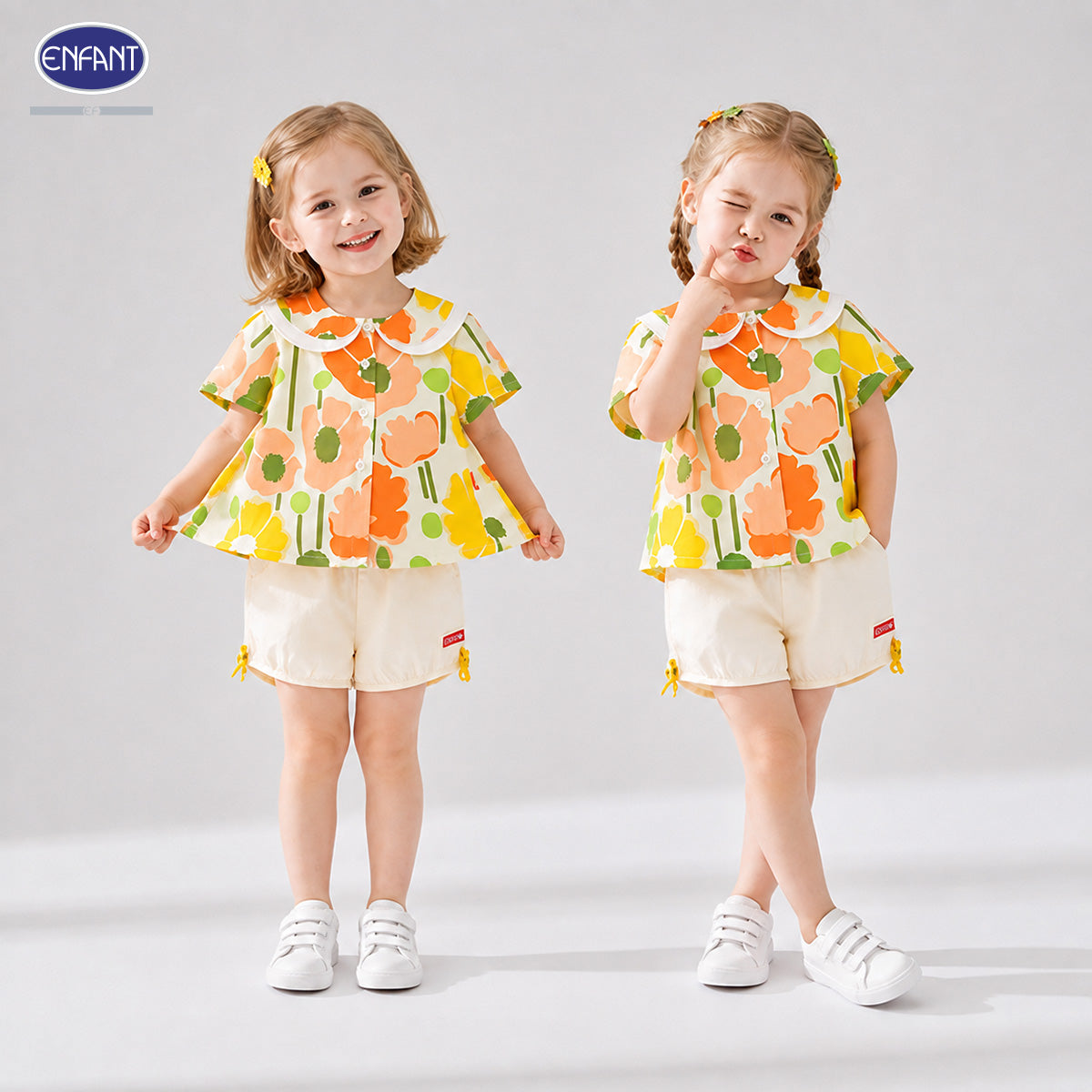Enfant ชุดเซ็ตเสื้อแขนสั้น+กางเกงขาสั้น ลายดอกไม้สีครีม 6เดือน-8ปี EE1X12