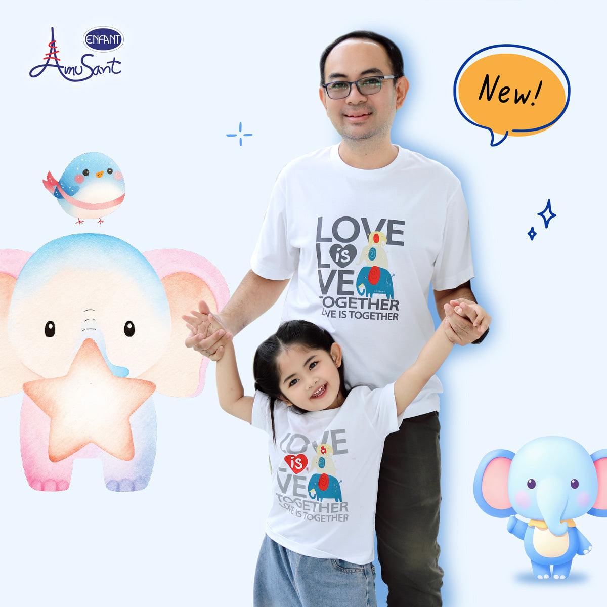 AMUSANT เสื้อเซ็ตคู่แฟมิลี่ ลายช้างน้อย 3ตัว  พ่อ-ลูก EK9J24,EH2N33
