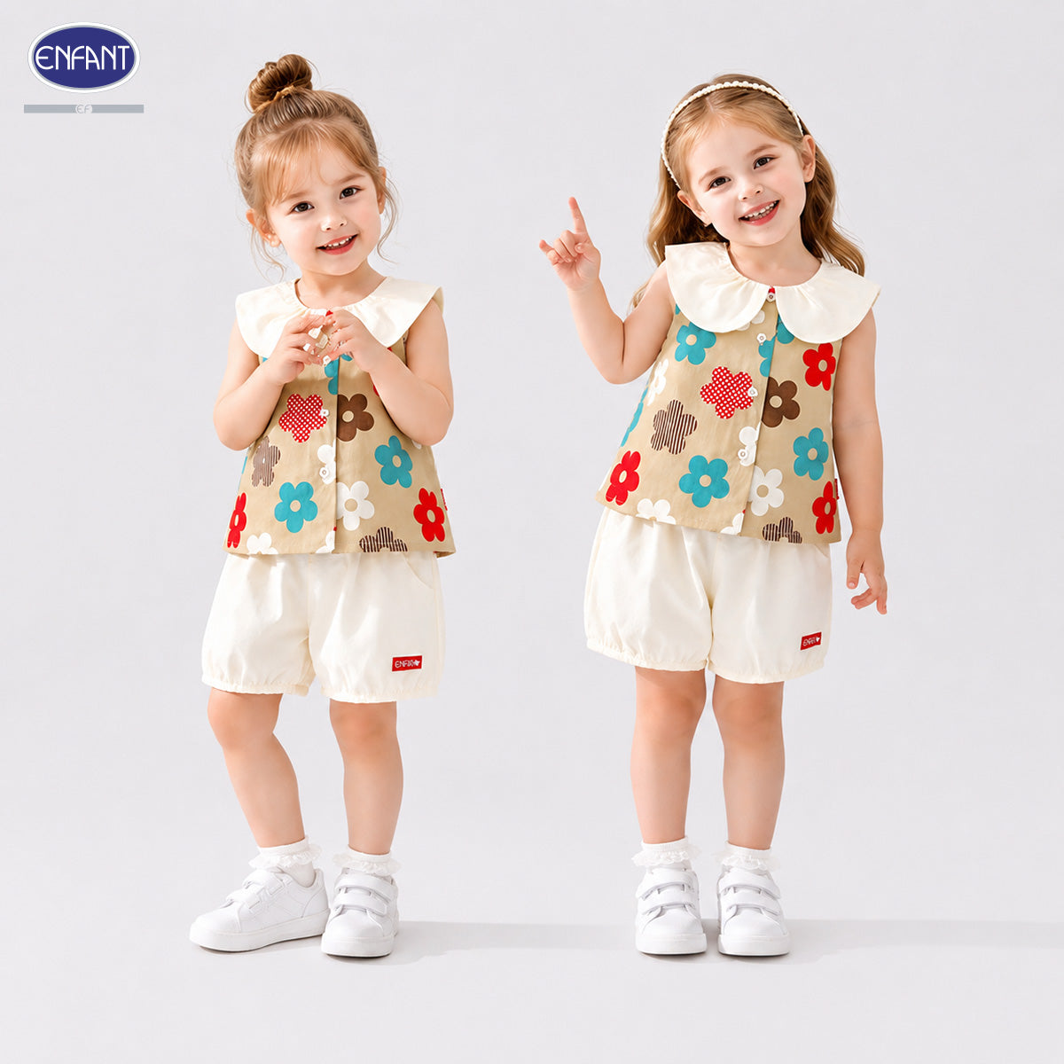 Enfant ชุดเซ็ตเสื้อแขนกุด+กางเกงขาสั้น ลายดอกไม้สีน้ำตาล 6เดือน-8ปี EE1X15