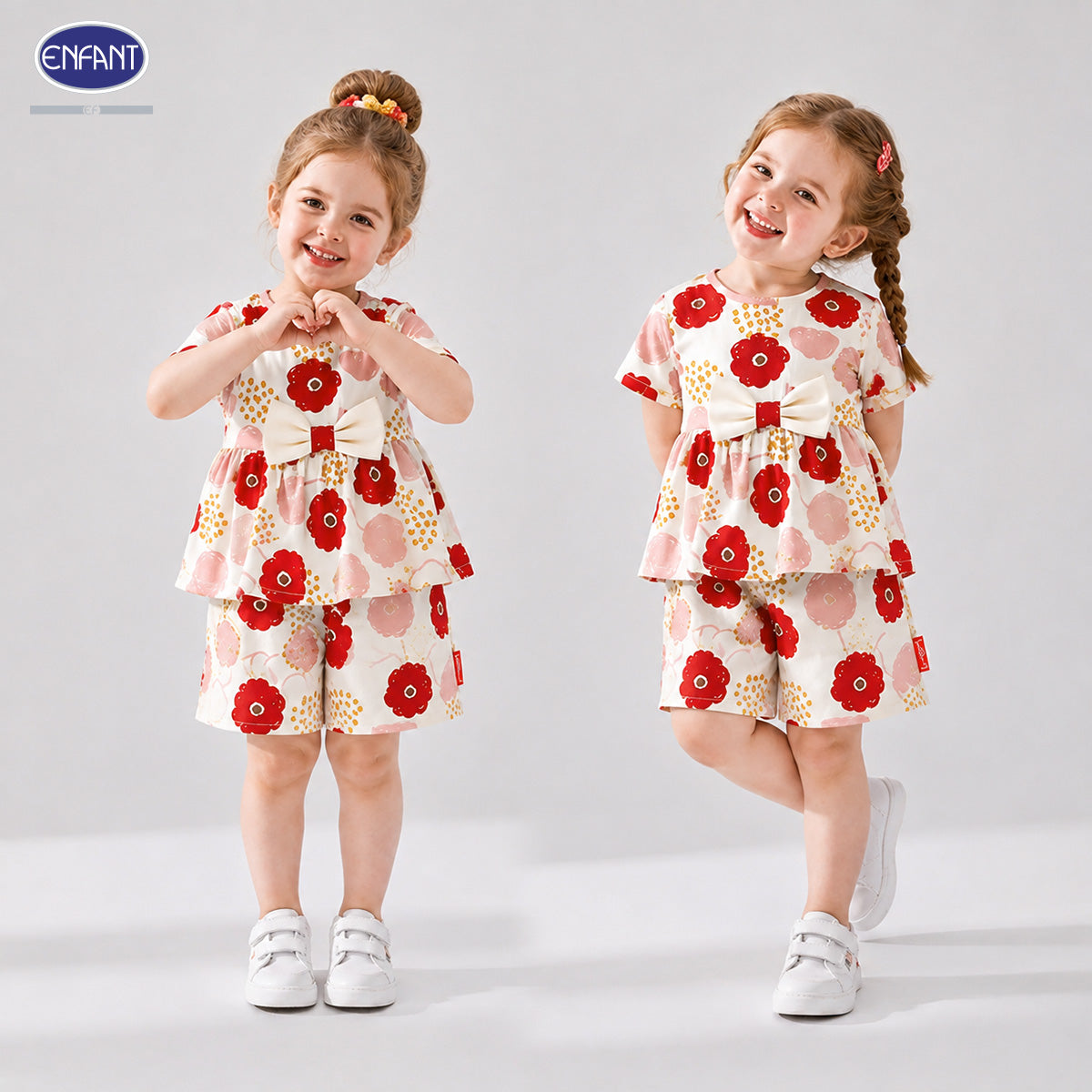 Enfant ชุดเซ็ตเสื้อแขนสั้น+กางเกงขาสั้น ลายดอกไม้สีชมพู 6เดือน-8ปี EE1X11