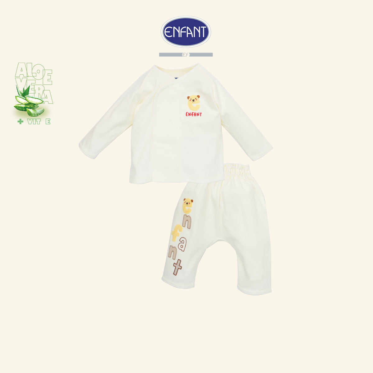 ENFANT ชุดเสื้อแขนยาว + กางเกงขายาว แรกเกิด-6 เดือน ผ้า Aloe Vera + Vitamin E รุ่น  สีครีม EB1JQ6