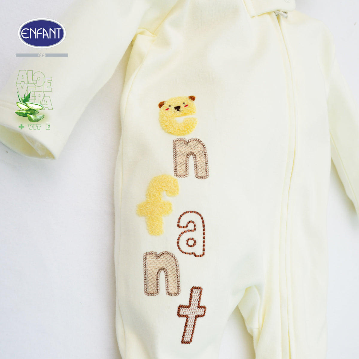 ENFANT ชุดหมีเด็กแขนยาว ขายาว มีฮู้ด ซิปหน้า Aloe Vera + Vitamin E รุ่น  สีครีม  EB8JQ9
