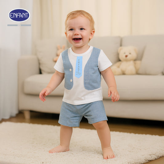 Enfant  ชุดเด็กผู้ชาย  ลายเสื้อสูท+เนคไท พร้อมกางเกงเข้าชุด สำหรับ3-6เดือน EB1JJ1