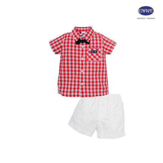 Enfant ชุดเสื้อเชิ้ตคอกลม-กางเกงผ้าทอลายสำหรับเด็กเล็ก3เดือน-2ขวบ EB1JN1