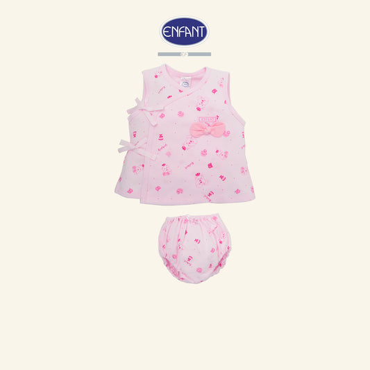 ENFANT ชุดเด็กเล็กเสื้อผูกป้ายแขนสั้น-กางเกงใน สีชมพู ลายน้องหมี รุ่นED1DH2
