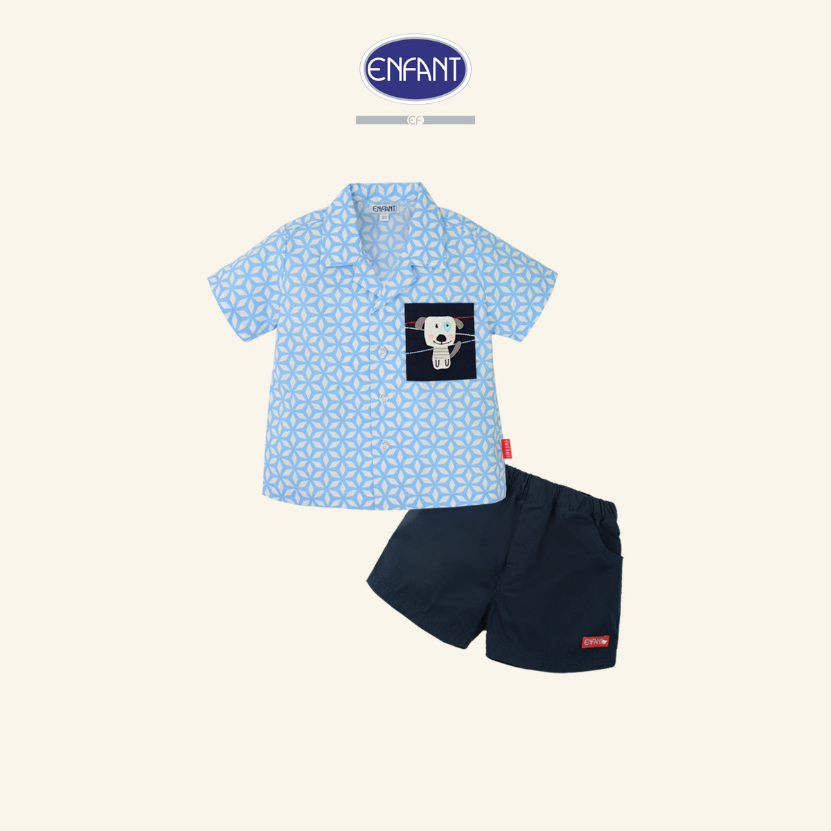 Enfant ชุดเซ็ตเสื้อเชิ้ตแขนสั้น+กางเกงขาสั้น ลายกราฟิกสีฟ้า 6เดือน-8ปี EE1X10