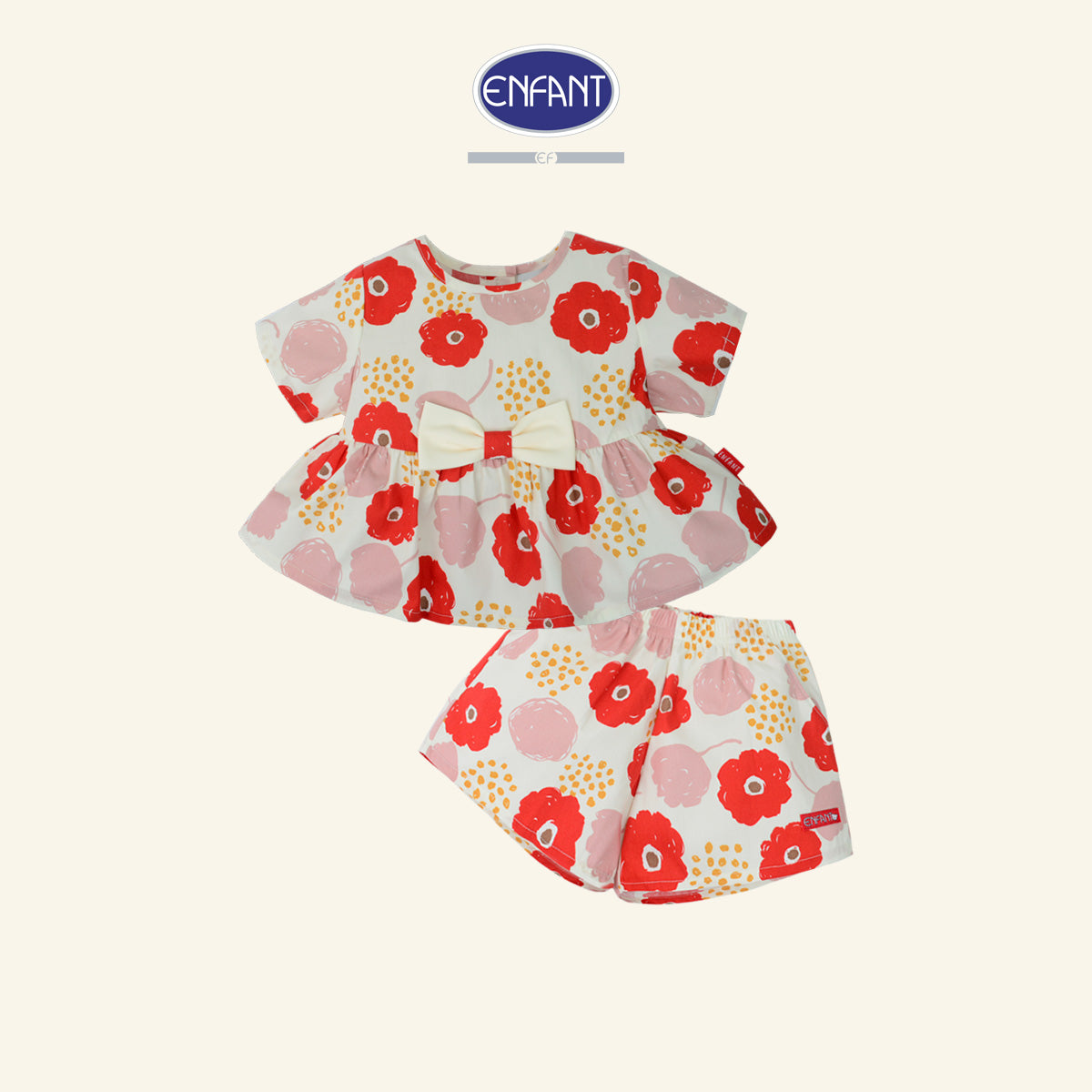 Enfant ชุดเซ็ตเสื้อแขนสั้น+กางเกงขาสั้น ลายดอกไม้สีชมพู 6เดือน-8ปี EE1X11