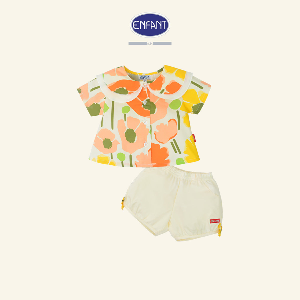 Enfant ชุดเซ็ตเสื้อแขนสั้น+กางเกงขาสั้น ลายดอกไม้สีครีม 6เดือน-8ปี EE1X12