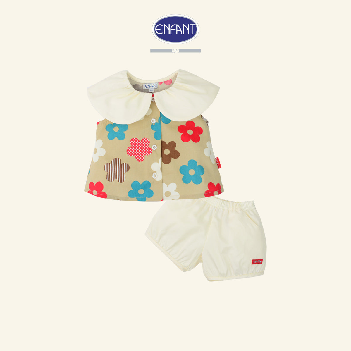 Enfant ชุดเซ็ตเสื้อแขนกุด+กางเกงขาสั้น ลายดอกไม้สีน้ำตาล 6เดือน-8ปี EE1X15