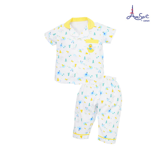 Amusantชุดนอนแขนสั้นคอปก ลายบล็อคไม้ตัวต่อน่ารักๆ EH1K78