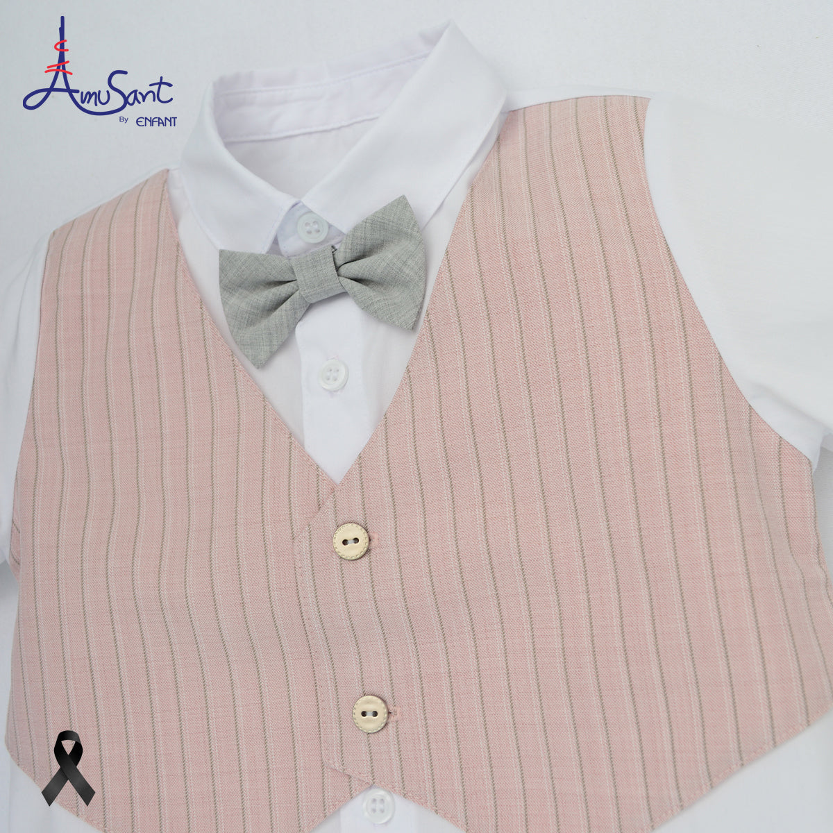 Amusant by Enfant – ชุดสูทเด็กผู้ชายสีชมพูพาสเทล ลายทาง พร้อมโบว์ผ้าสีเทาสุดสุภาพEH1N21