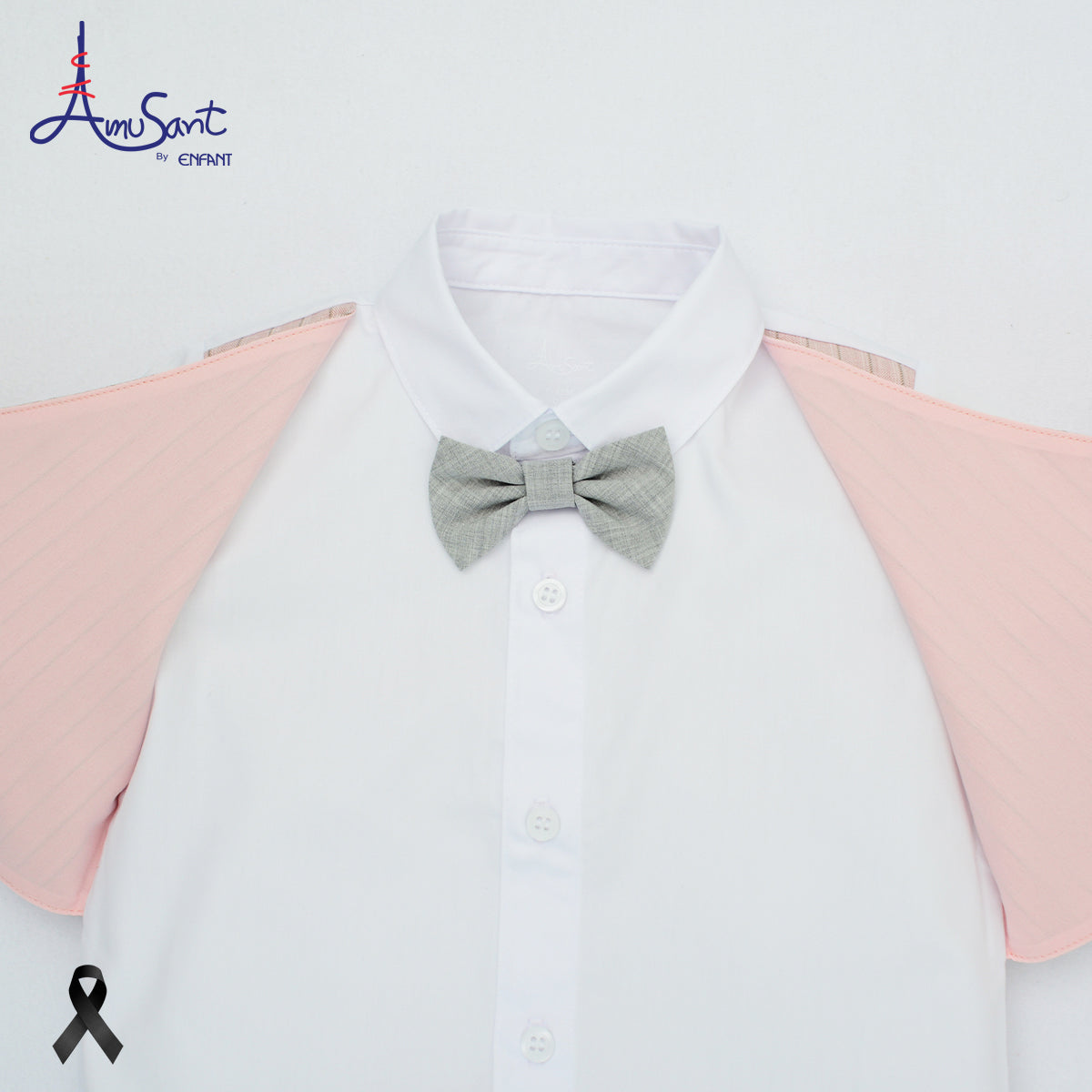 Amusant by Enfant – ชุดสูทเด็กผู้ชายสีชมพูพาสเทล ลายทาง พร้อมโบว์ผ้าสีเทาสุดสุภาพEH1N21