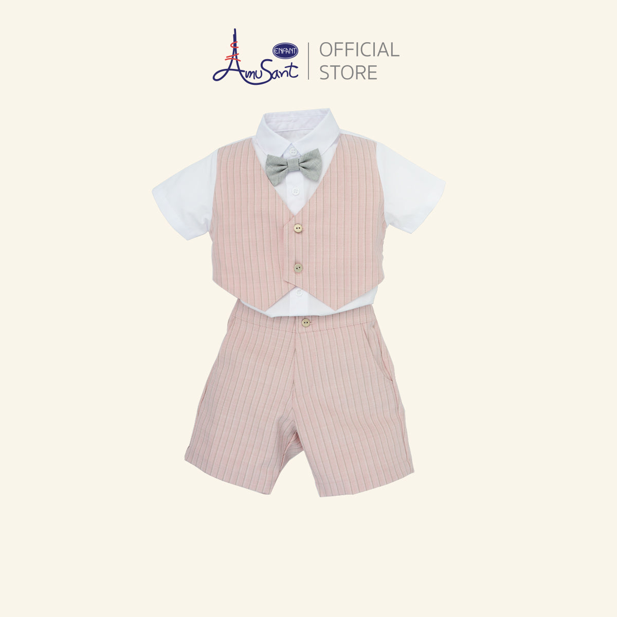 Amusant by Enfant – ชุดสูทเด็กผู้ชายสีชมพูพาสเทล ลายทาง พร้อมโบว์ผ้าสีเทาสุดสุภาพEH1N21