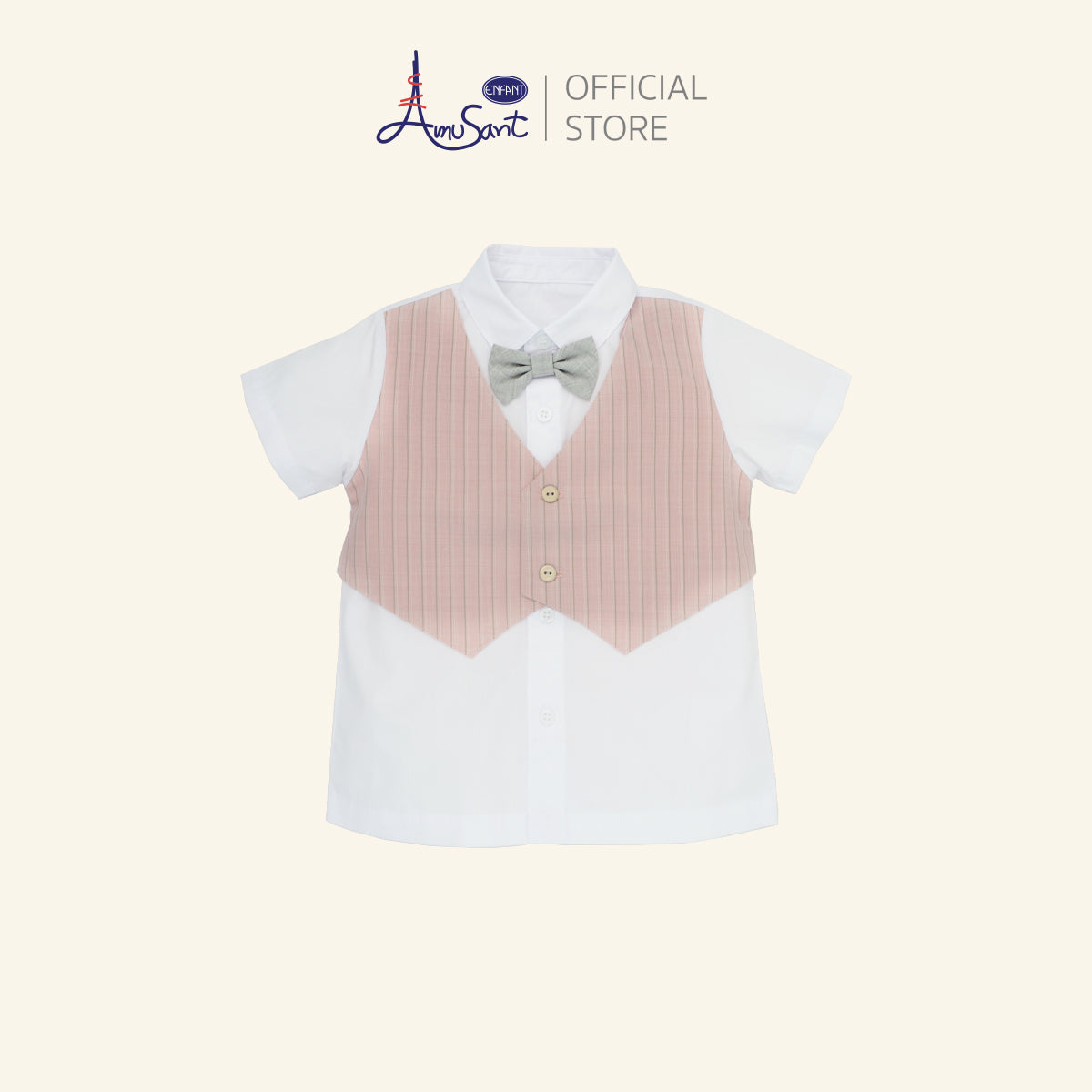 Amusant by Enfant – ชุดสูทเด็กผู้ชายสีชมพูพาสเทล ลายทาง พร้อมโบว์ผ้าสีเทาสุดสุภาพEH1N21