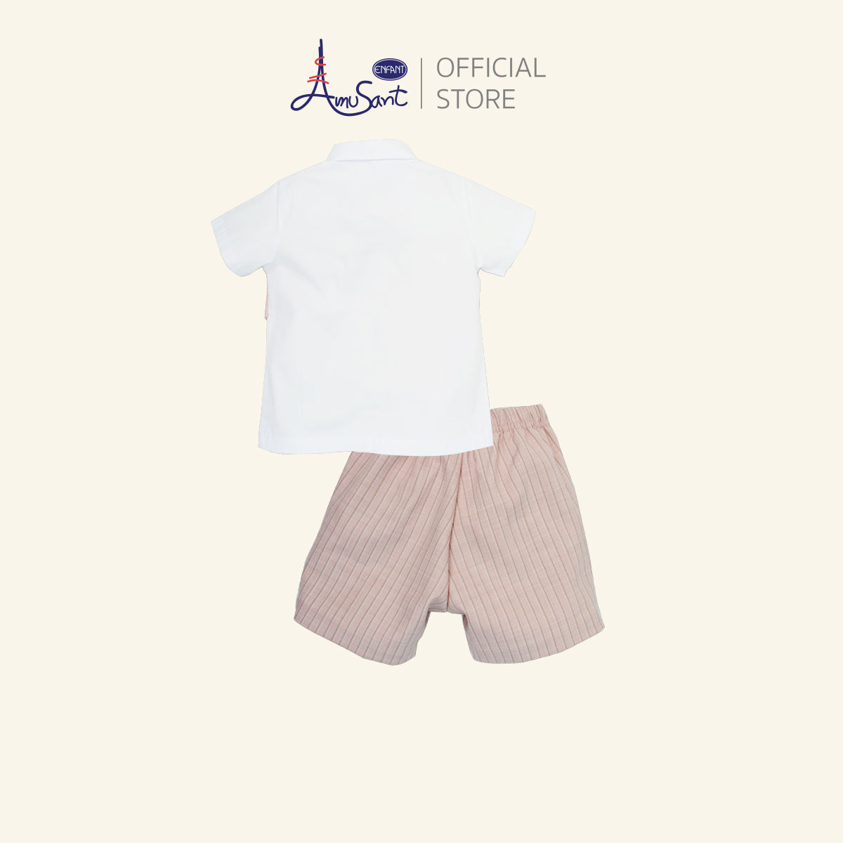 Amusant by Enfant – ชุดสูทเด็กผู้ชายสีชมพูพาสเทล ลายทาง พร้อมโบว์ผ้าสีเทาสุดสุภาพEH1N21
