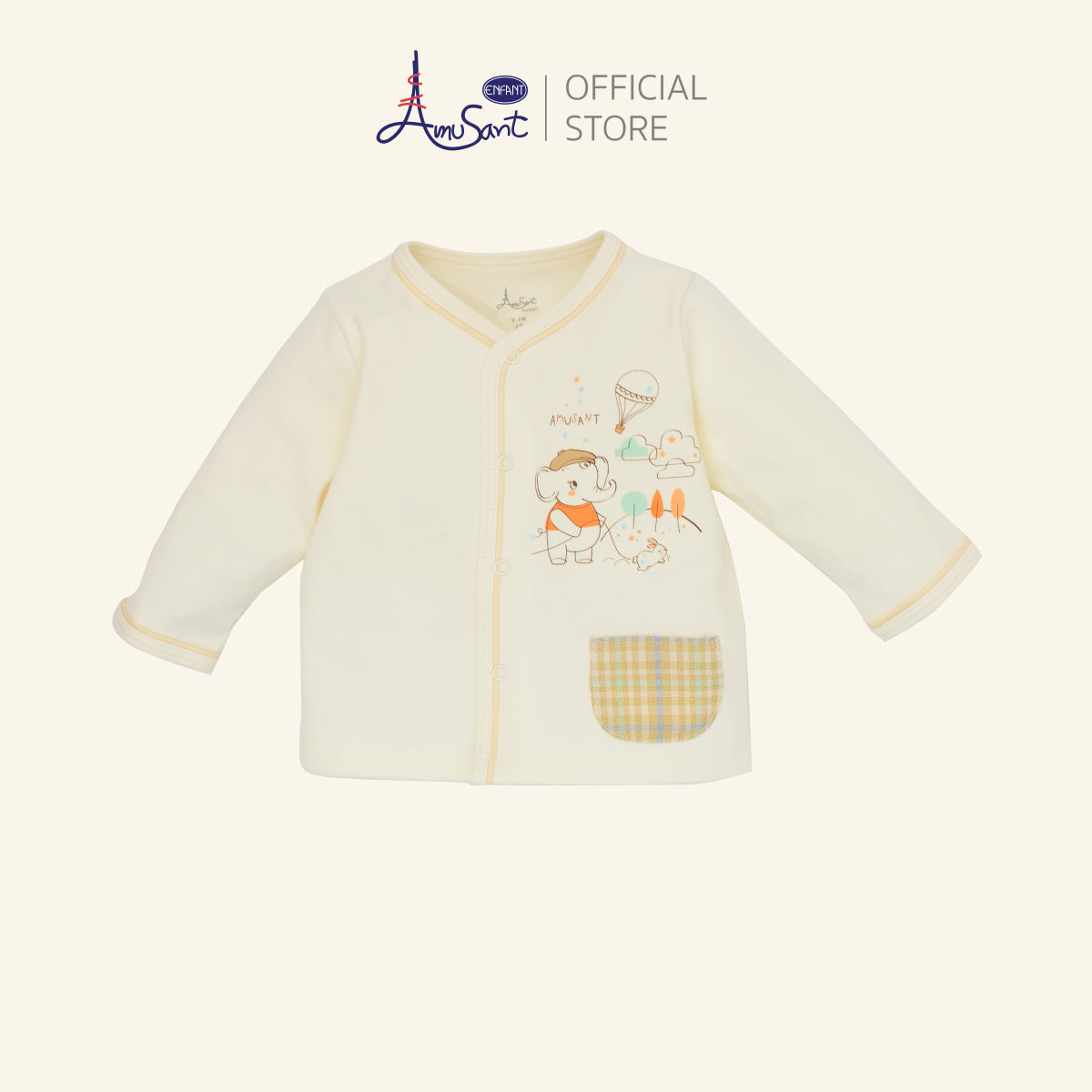 Amusant by Enfant – ชุดเสื้อแขนยาวกางเกงขายาว ลายช้างน้อยสุดอบอุ่น สีครีมพาสเทล EH1N46