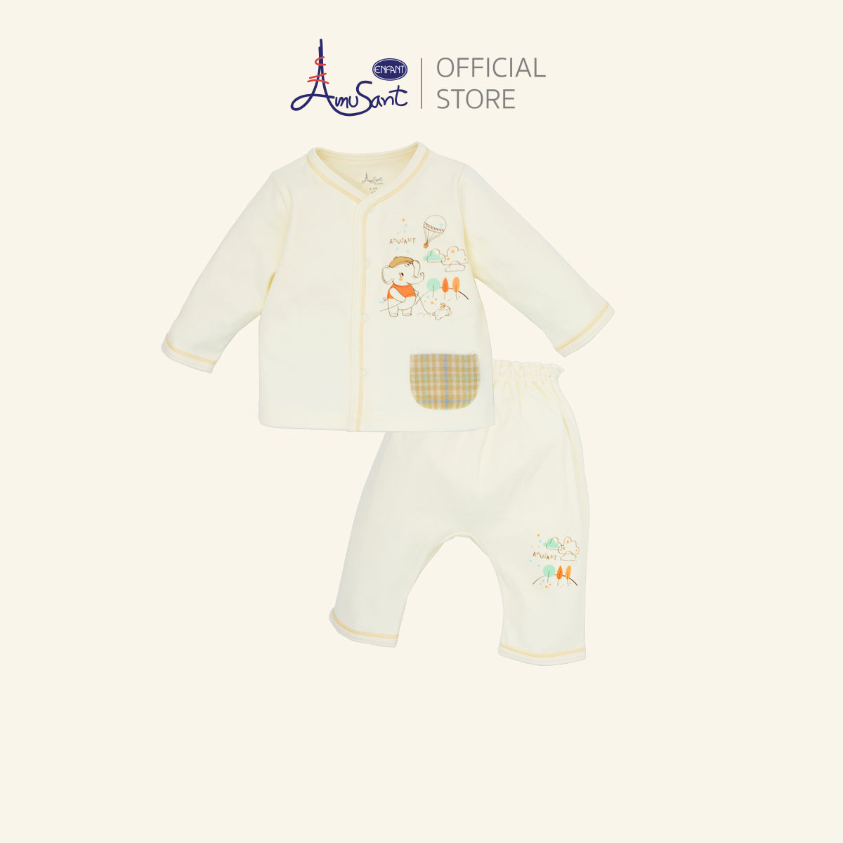 Amusant by Enfant – ชุดเสื้อแขนยาวกางเกงขายาว ลายช้างน้อยสุดอบอุ่น สีครีมพาสเทล EH1N46
