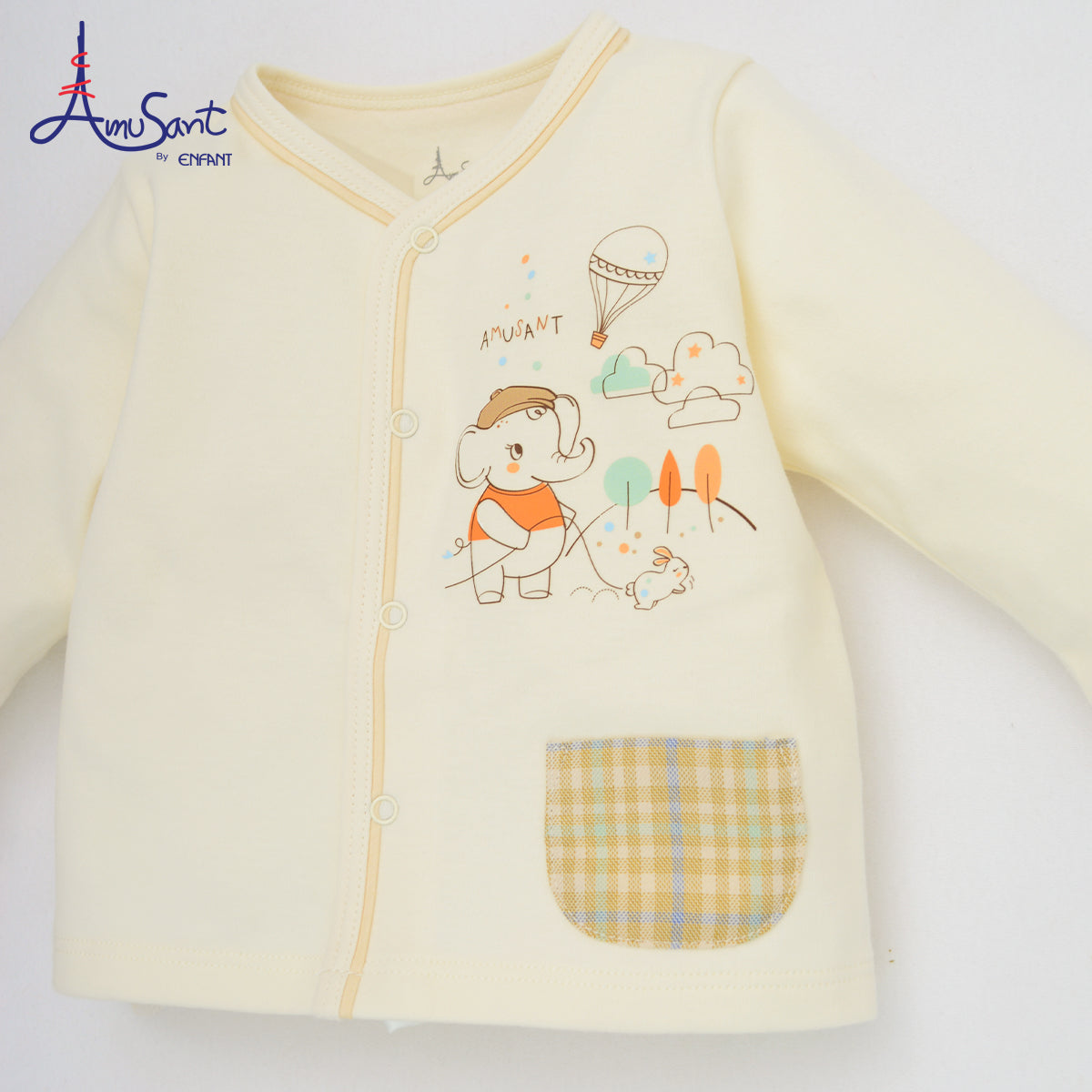 Amusant by Enfant – ชุดเสื้อแขนยาวกางเกงขายาว ลายช้างน้อยสุดอบอุ่น สีครีมพาสเทล EH1N46