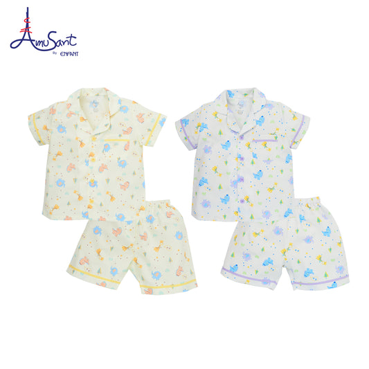 AMUSANT ชุดนอนลายน่ารัก สั้น 2-10ปี ครีม-ม่วง EH1N51