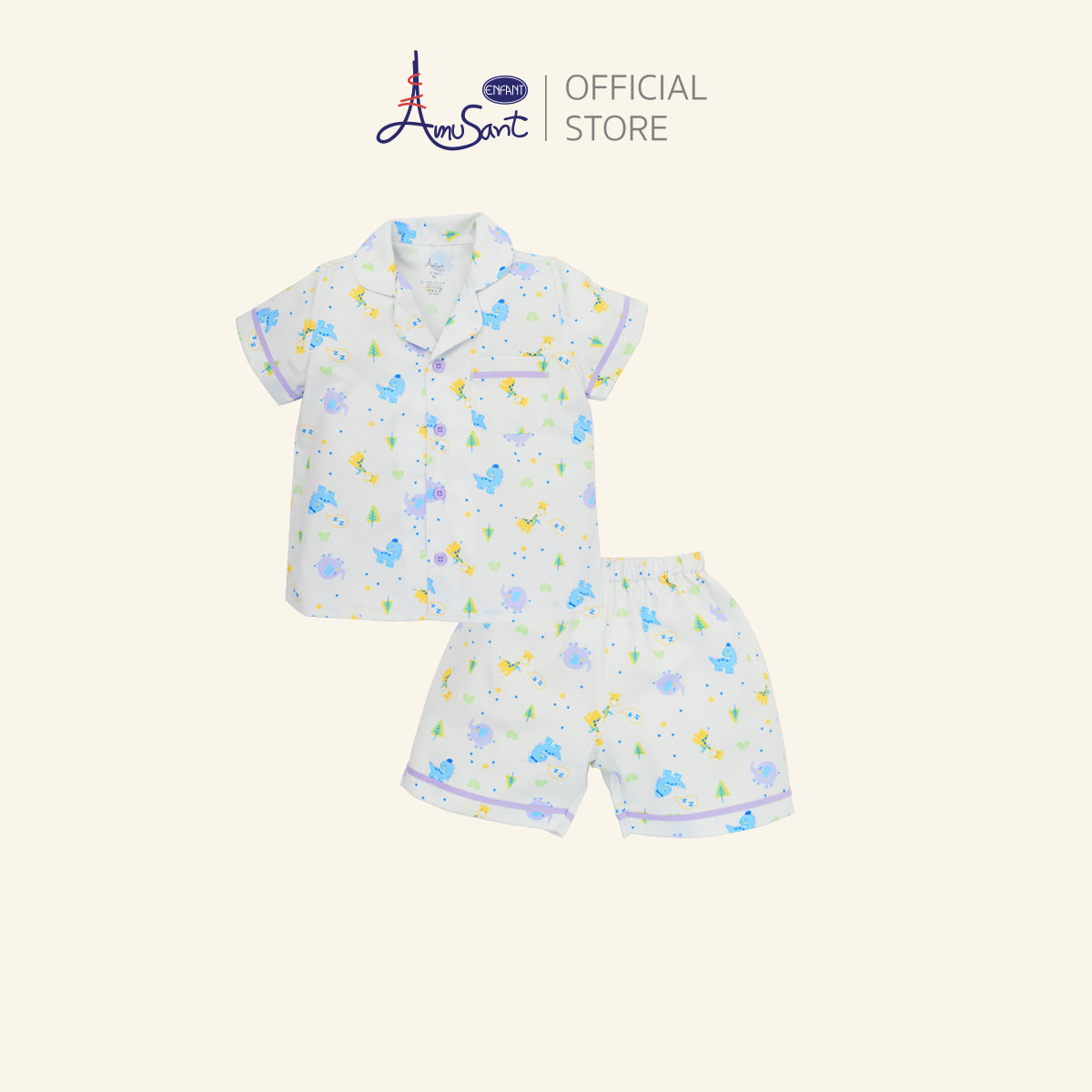 AMUSANT ชุดนอนลายน่ารัก สั้น 2-10ปี ครีม-ม่วง EH1N51