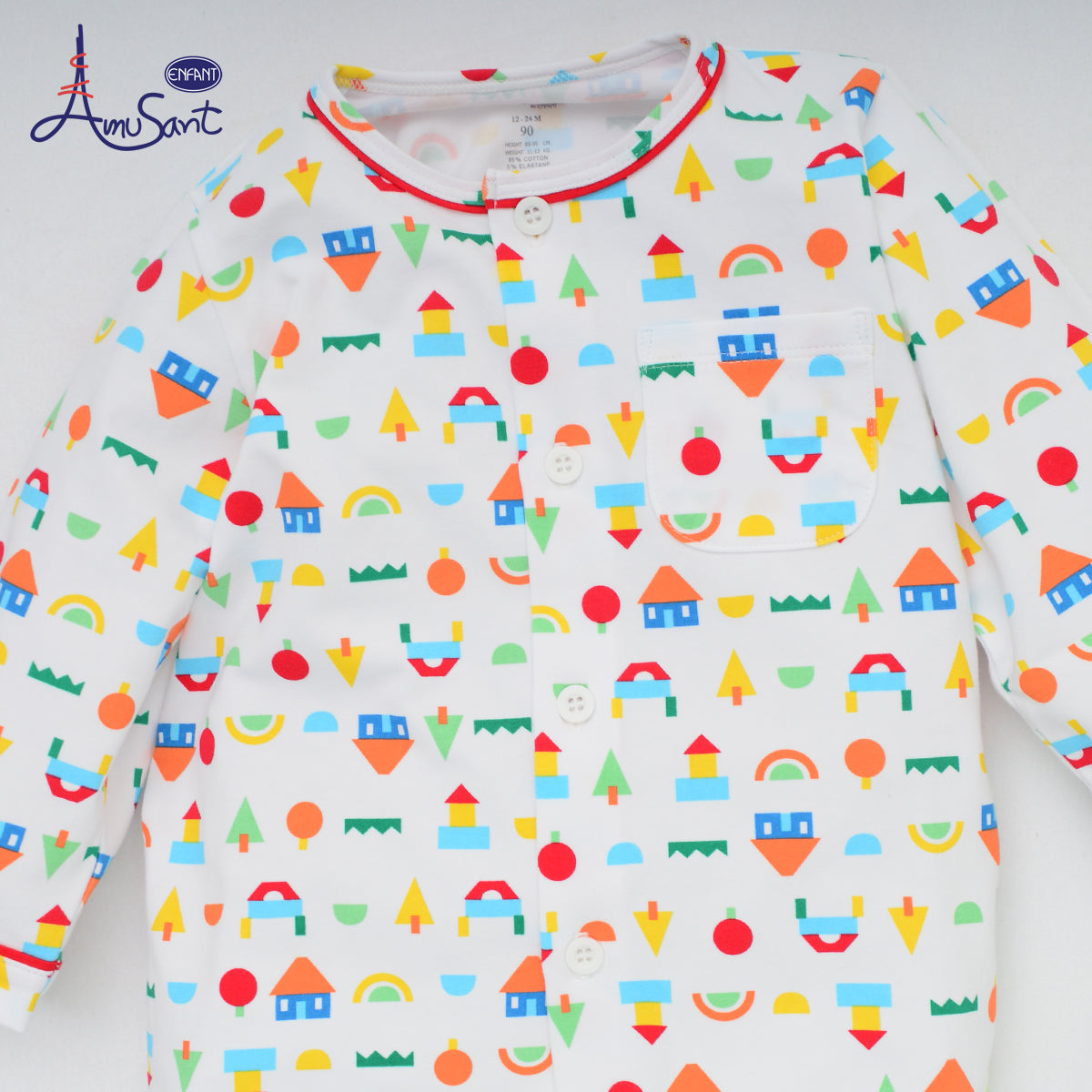 AMUSANT ชุดนอนเด็กโต ลายบล็อคไม้ตัวต่อ 1-8ขวบ