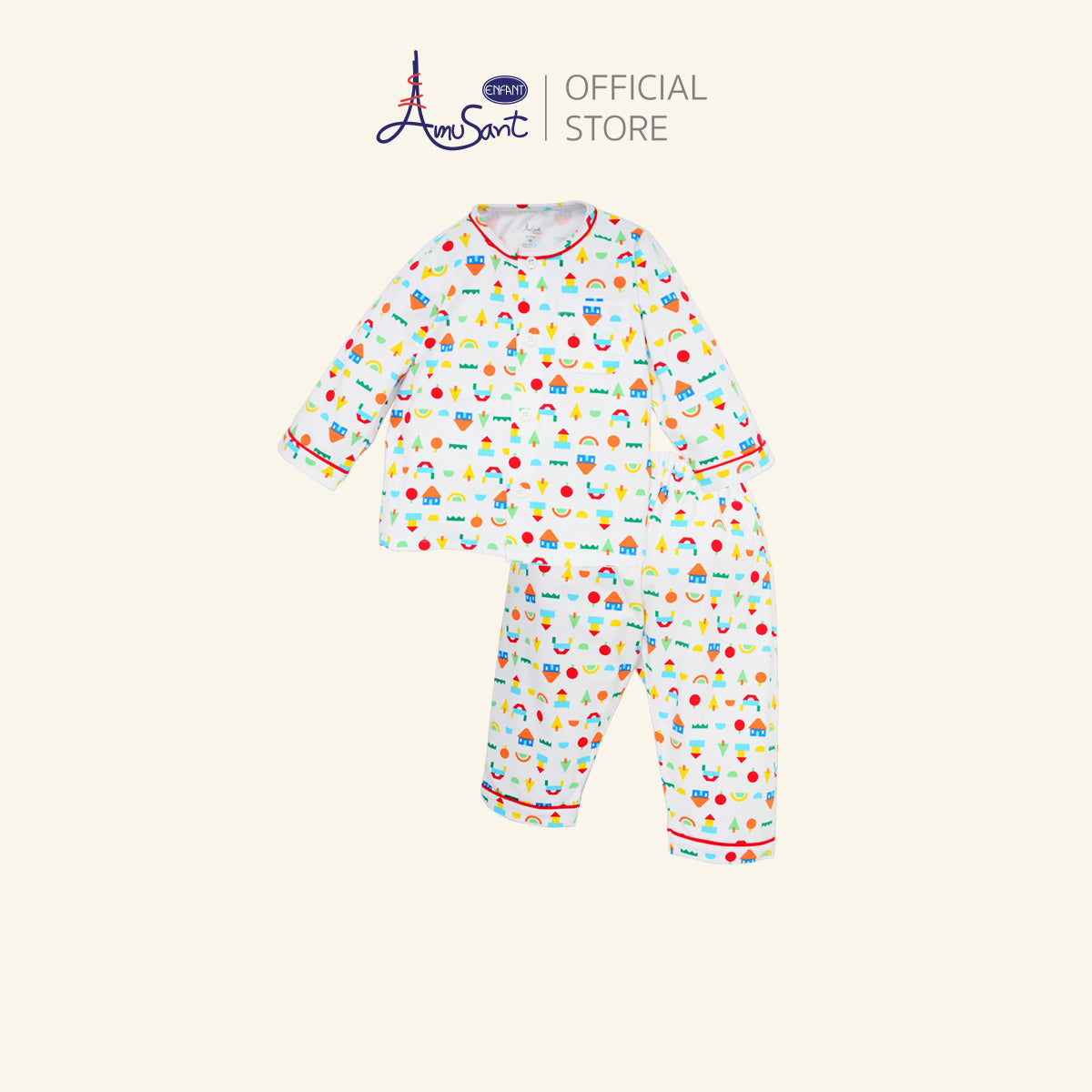 AMUSANT ชุดนอนเด็กโต ลายบล็อคไม้ตัวต่อ 1-8ขวบ