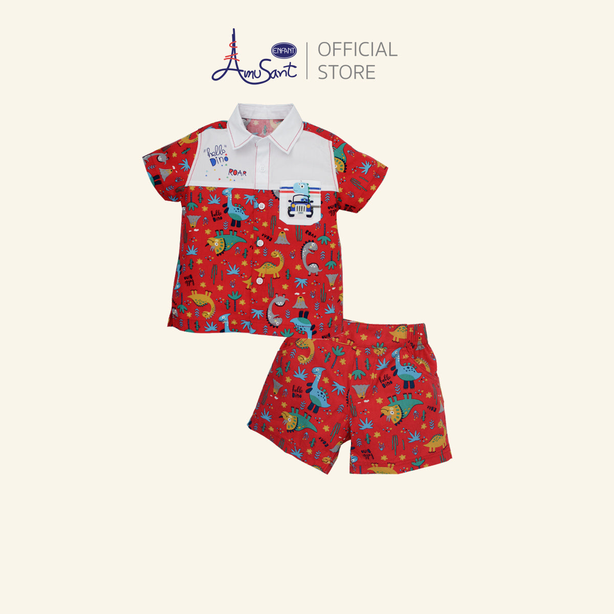 AMUSANT BY ENFANTชุดเชตเด็กผู้ชาย ลายไดโนเสาร์ สีแดง สดใส (เสื้อ+กางเกง)EH1N72