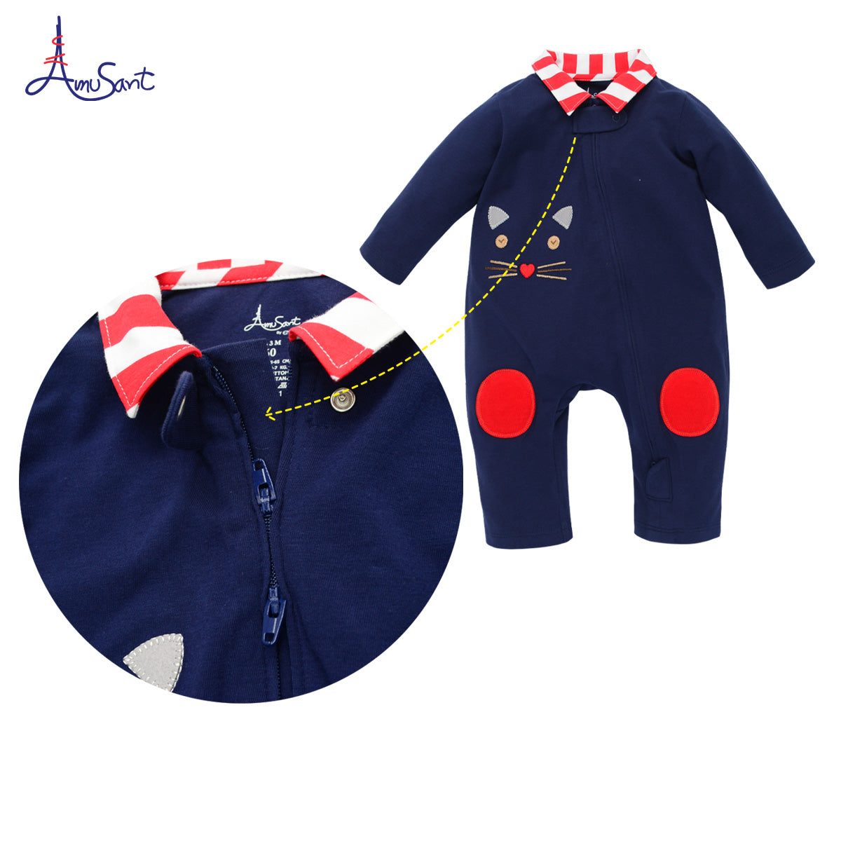 Amusant ชุดหมีขายาวเด็กอ่อน ผ้ายืด Cotton Spandex สำหรับแรกเกิด-1 ปี EH8S21