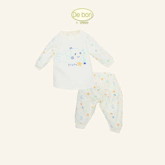DE BON ชุดนอนแขนยาว ขายาว สีครีมลายทะเล สำหรับน้อง 6 เดือน - 4 ขวบ ผ้ายืด Cotton Organic EJ1C60