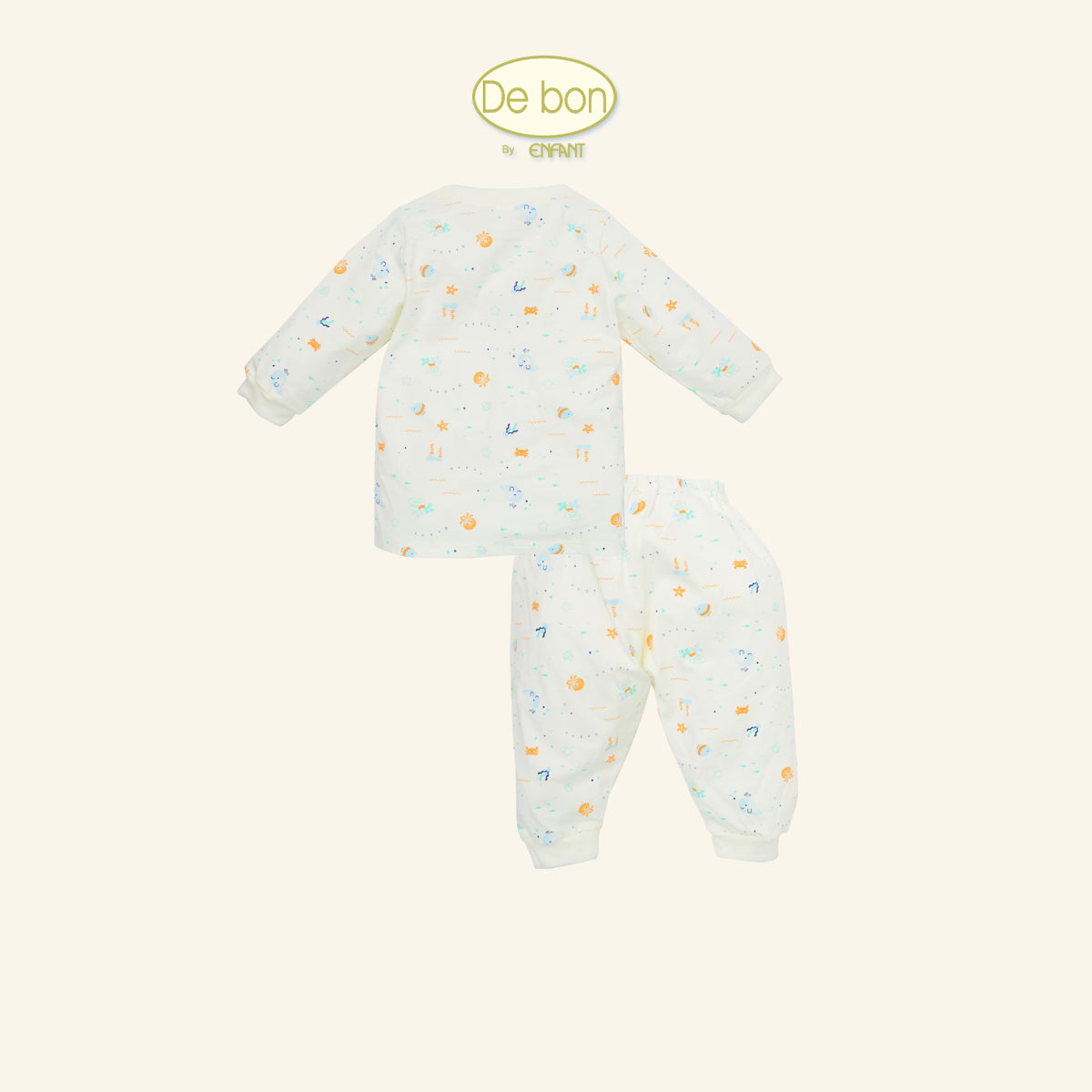 DE BON ชุดนอนแขนยาว ขายาว สีครีมลายทะเล สำหรับน้อง 6 เดือน - 4 ขวบ ผ้ายืด Cotton Organic EJ1C60