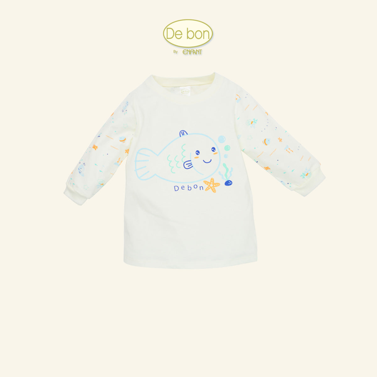 DE BON ชุดนอนแขนยาว ขายาว สีครีมลายทะเล สำหรับน้อง 6 เดือน - 4 ขวบ ผ้ายืด Cotton Organic EJ1C60