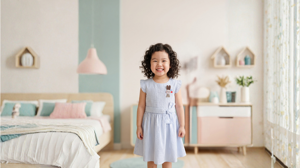 เด็กหญิงยิ้มสดใสในชุดเดรสลายทางสีฟ้า Amusant by Enfant